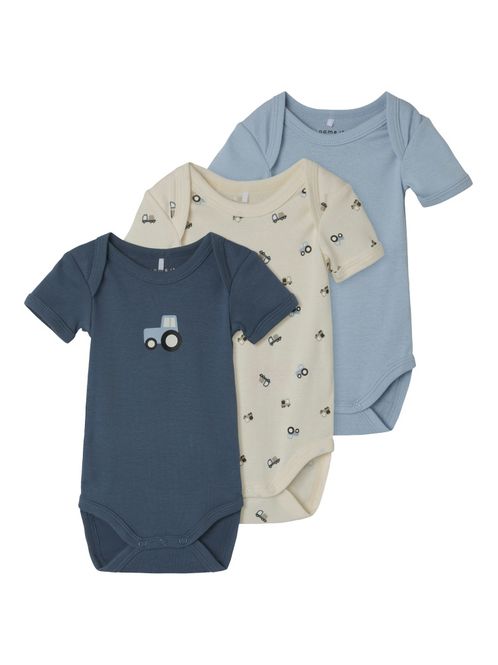 Hovedbilde Nbmbody 3pk blå/offwhite/lyseblå bodyer m/traktor