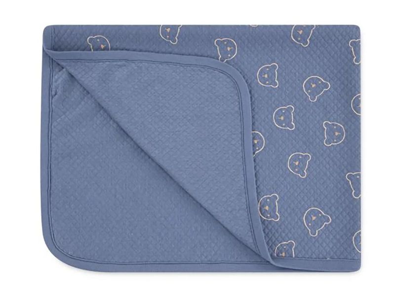 Blått babyteppe med bamsehoder