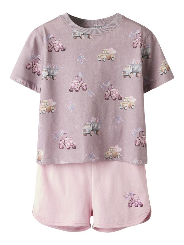 Nmfhelga lilla og rosa shortssett med kjøretøy